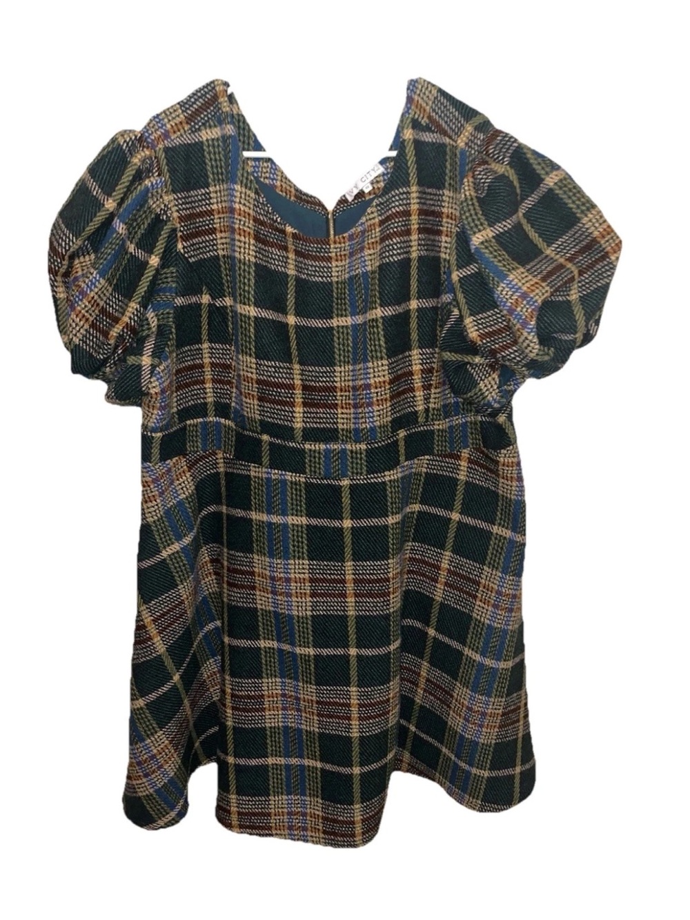Ivy City Co Holly Plaid Pencil Dress Puff Short Sleeve Green Tan Size 4X EUC